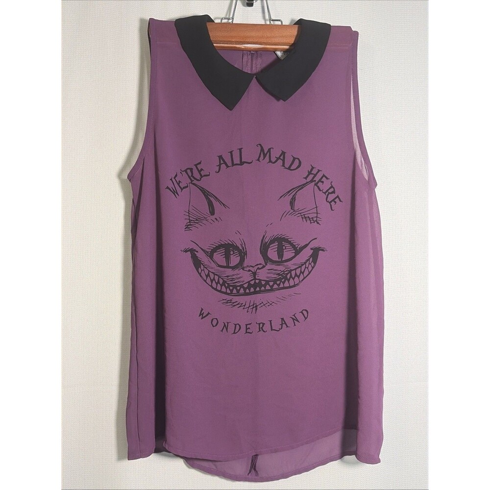 Disney Hot Topic Sheer Sleeveless Top Sz XS Purple Whimsigoth Alice Wonderland
